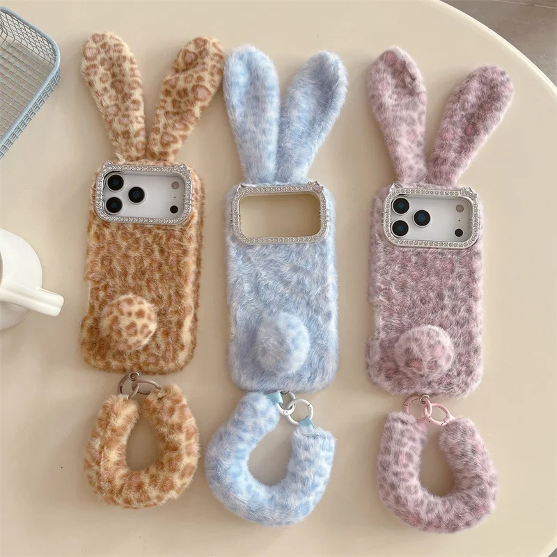 Apple Iphone 15 - かわいい漫画風のヒョウ柄うさぎ耳付きふわふわぬいぐるみケース iPhone 18 17 Air 16